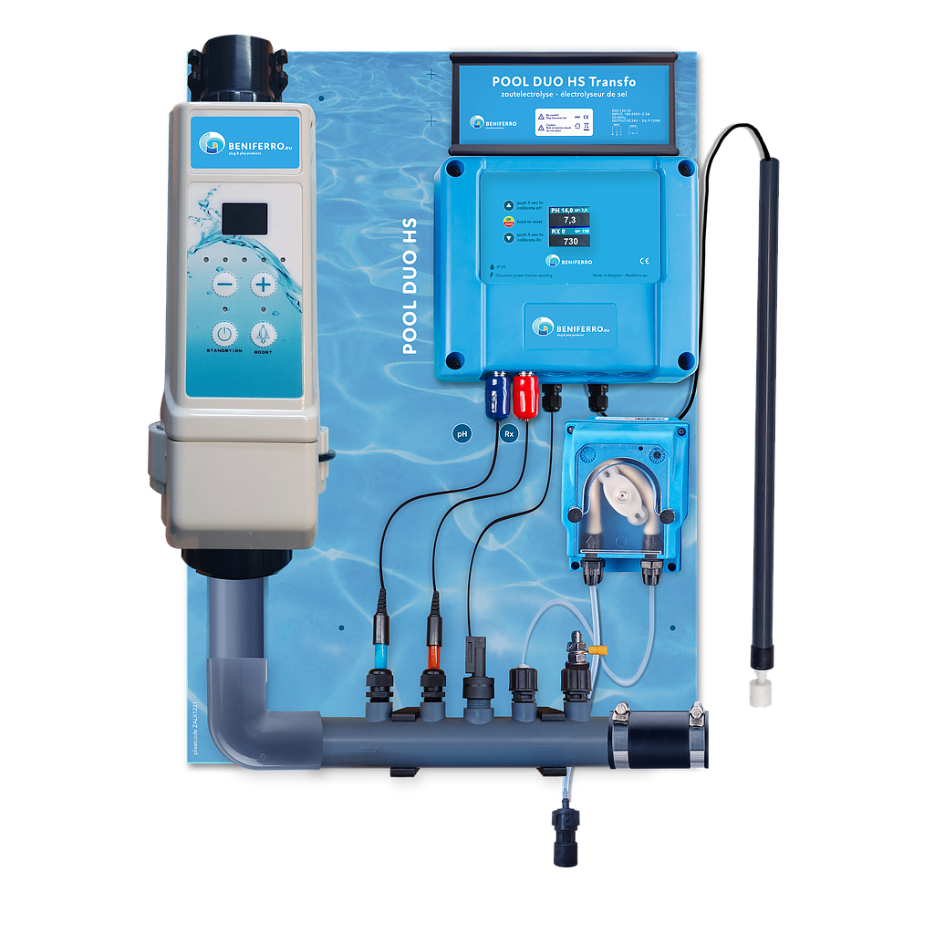 Chloorgenerator HS voorgemonteerd op wandplaat met pH en RX regeling