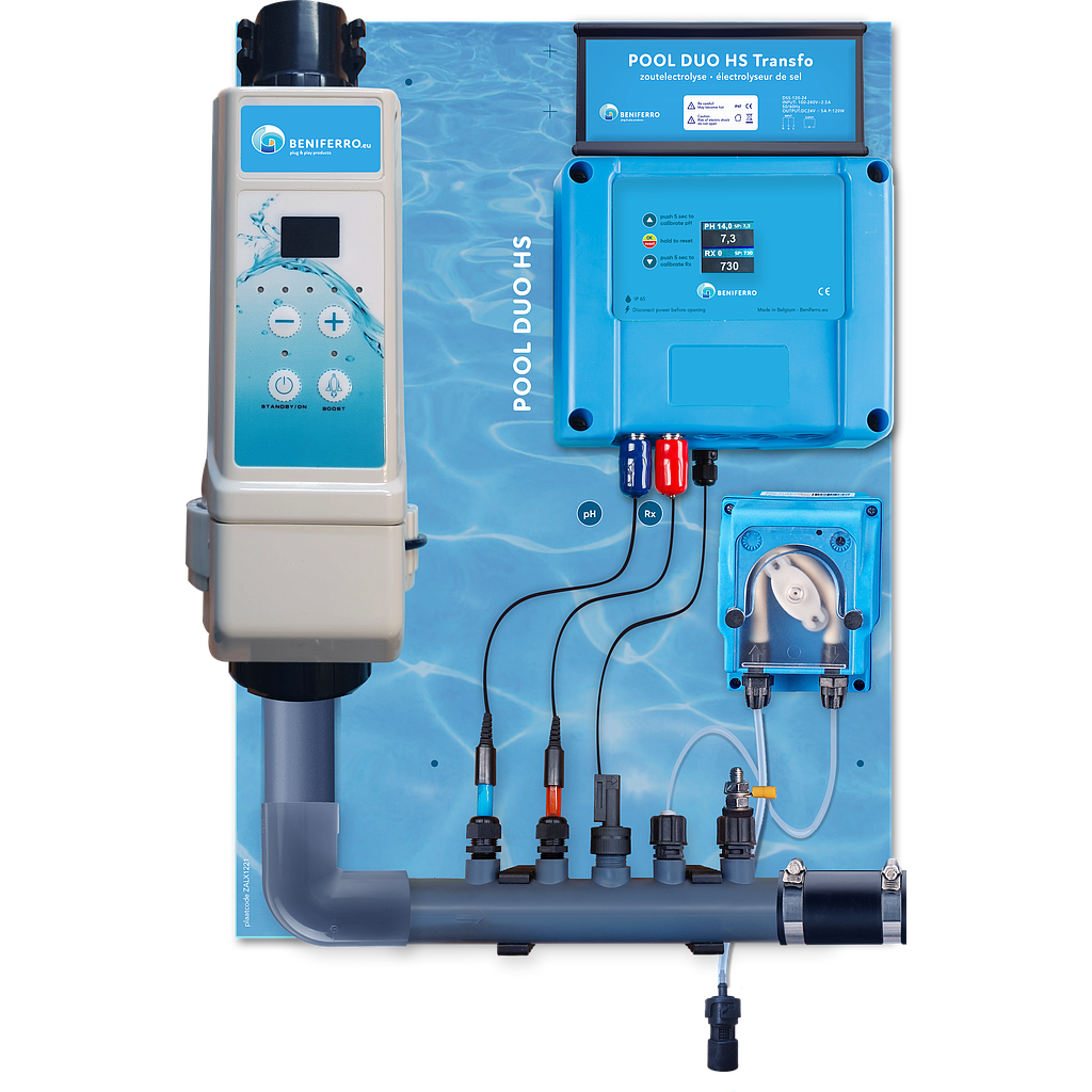Chloorgenerator HS voorgemonteerd op wandplaat met pH en RX regeling