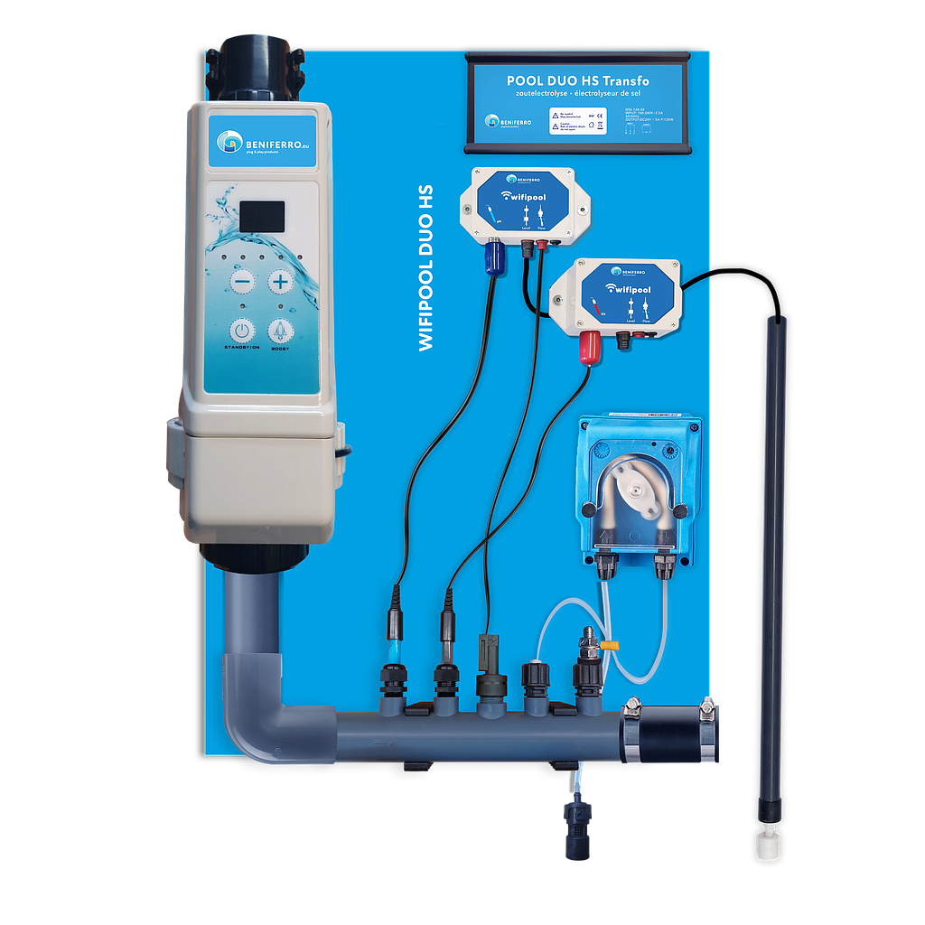 Chloorgenerator HS voorgemonteerd op wandplaat met pH en RX regeling