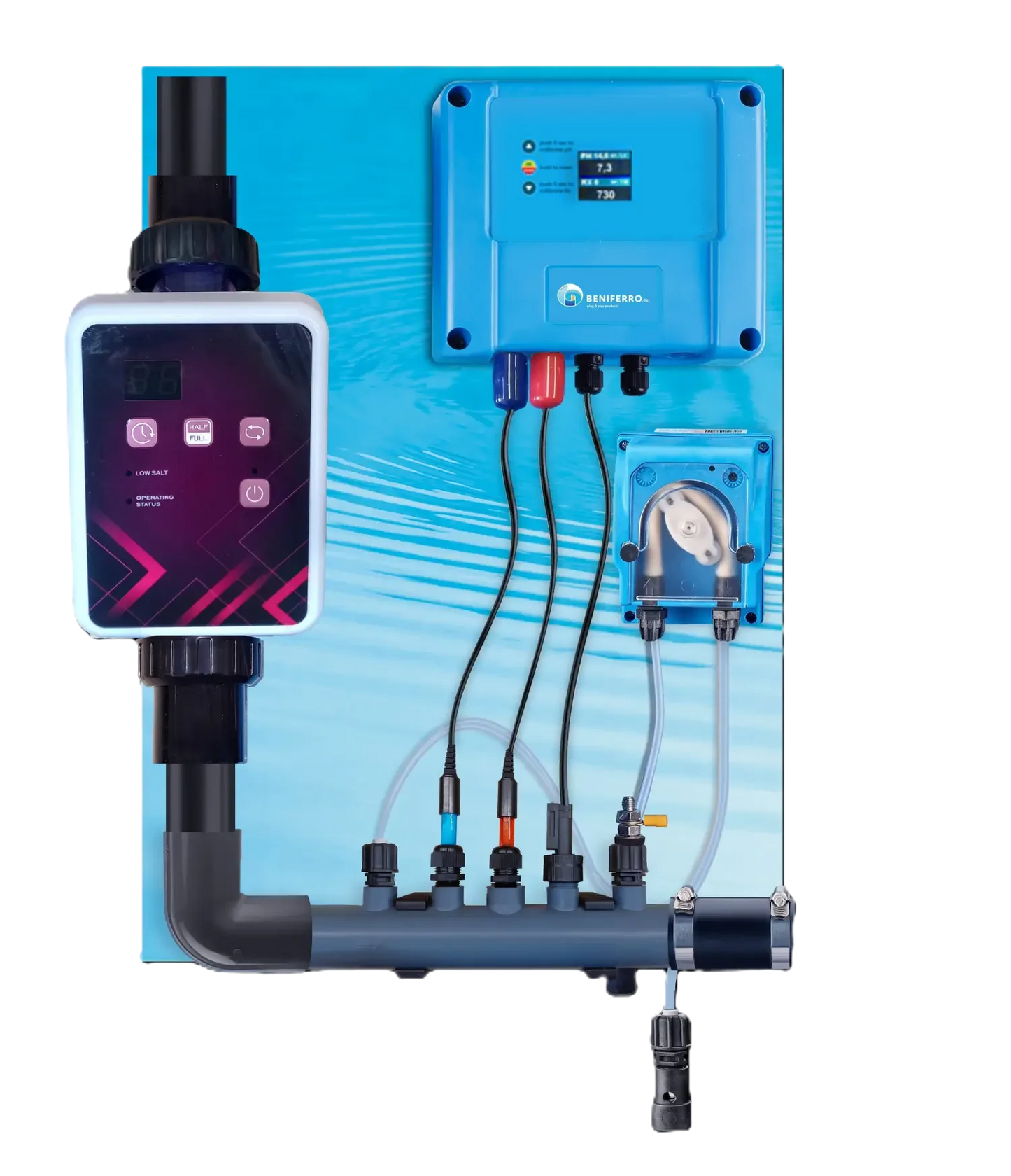 Zoutelektrolyse SR voorgemonteerd met PH-, RX-regeling - zwembad tot 150m³ - WiFi | Display - Debiet-/Niveauregeling in optie