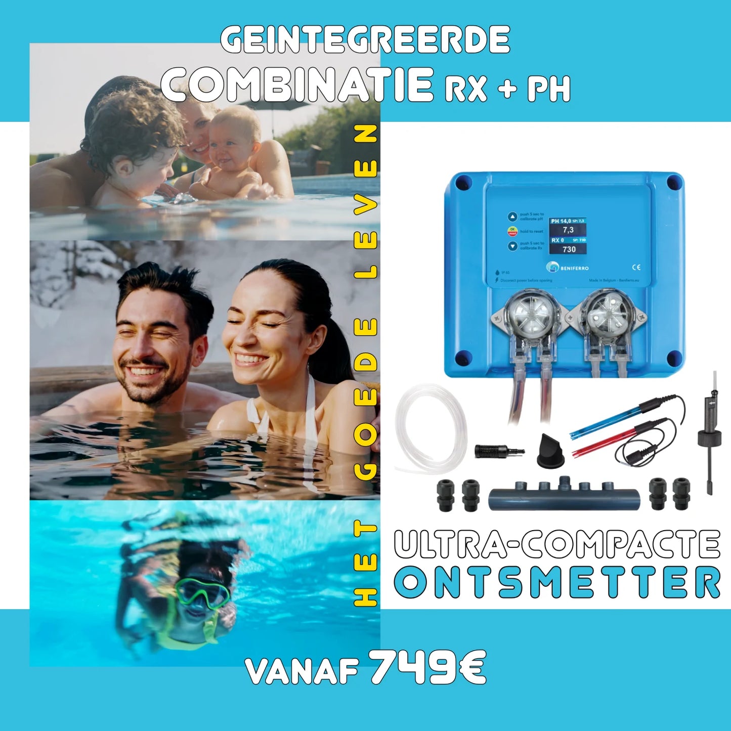 Pool TWIN COMBO - Compact doseerapparaat vloeibare Chloor/pH regeling  - zelfbouwpakket  - zwembad/spa 1 tot 150m³