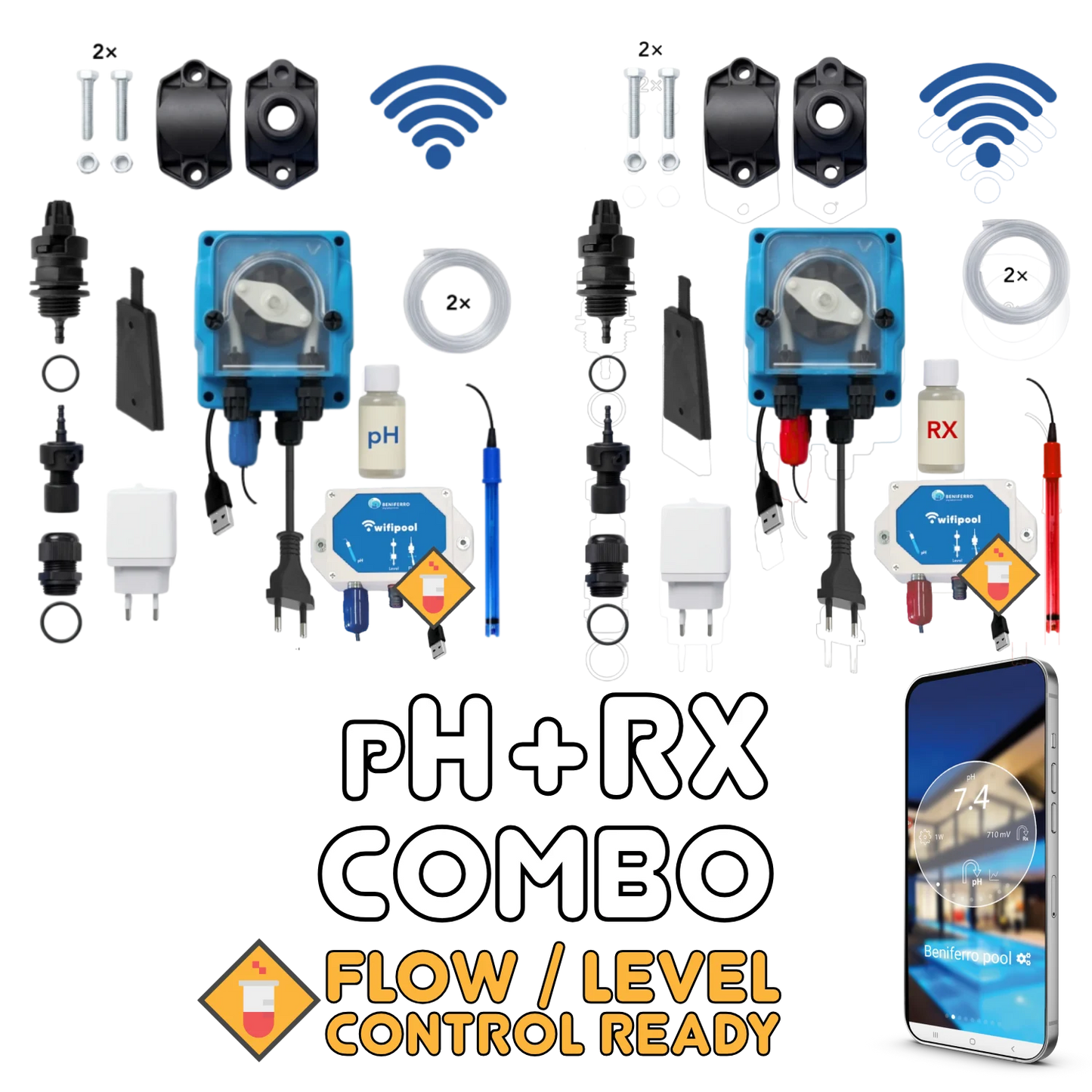 WiFiPOOL UNO pH + RX doseerpompen - complete installatiekit - zwembad tot 150m³